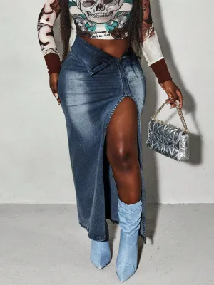 👖 Edgy & Chic: Split Denim Maxi Skirt – Timeless Street Style