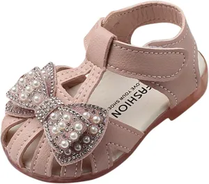 Baby Girls Dress Shoes Lightweight Breathable Non Slip Sandals with Pearls Rhinestone for Flower Girl Princess Party