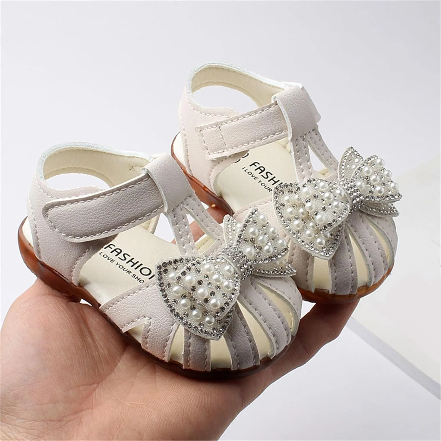 Baby Girls Dress Shoes Lightweight Breathable Non Slip Sandals with Pearls Rhinestone for Flower Girl Princess Party