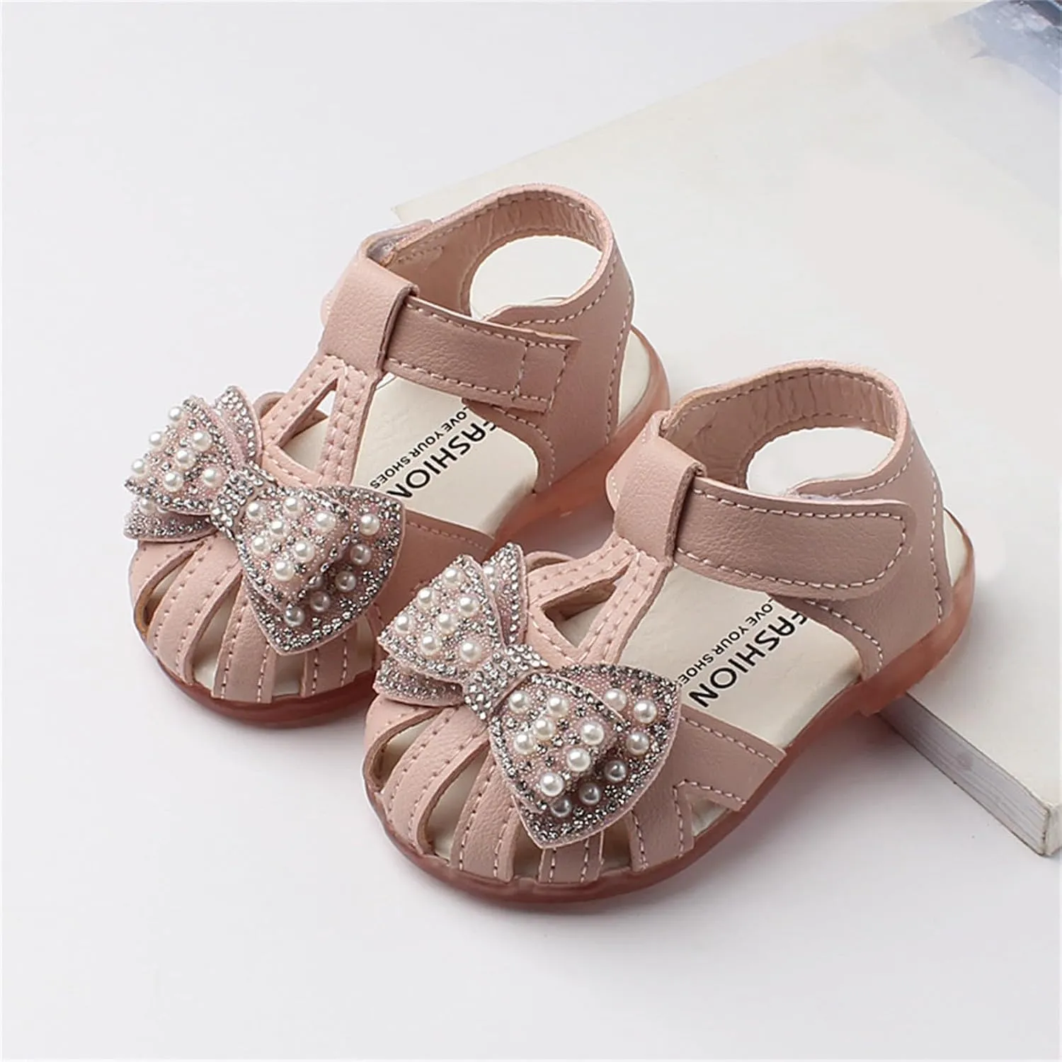 Baby Girls Dress Shoes Lightweight Breathable Non Slip Sandals with Pearls Rhinestone for Flower Girl Princess Party