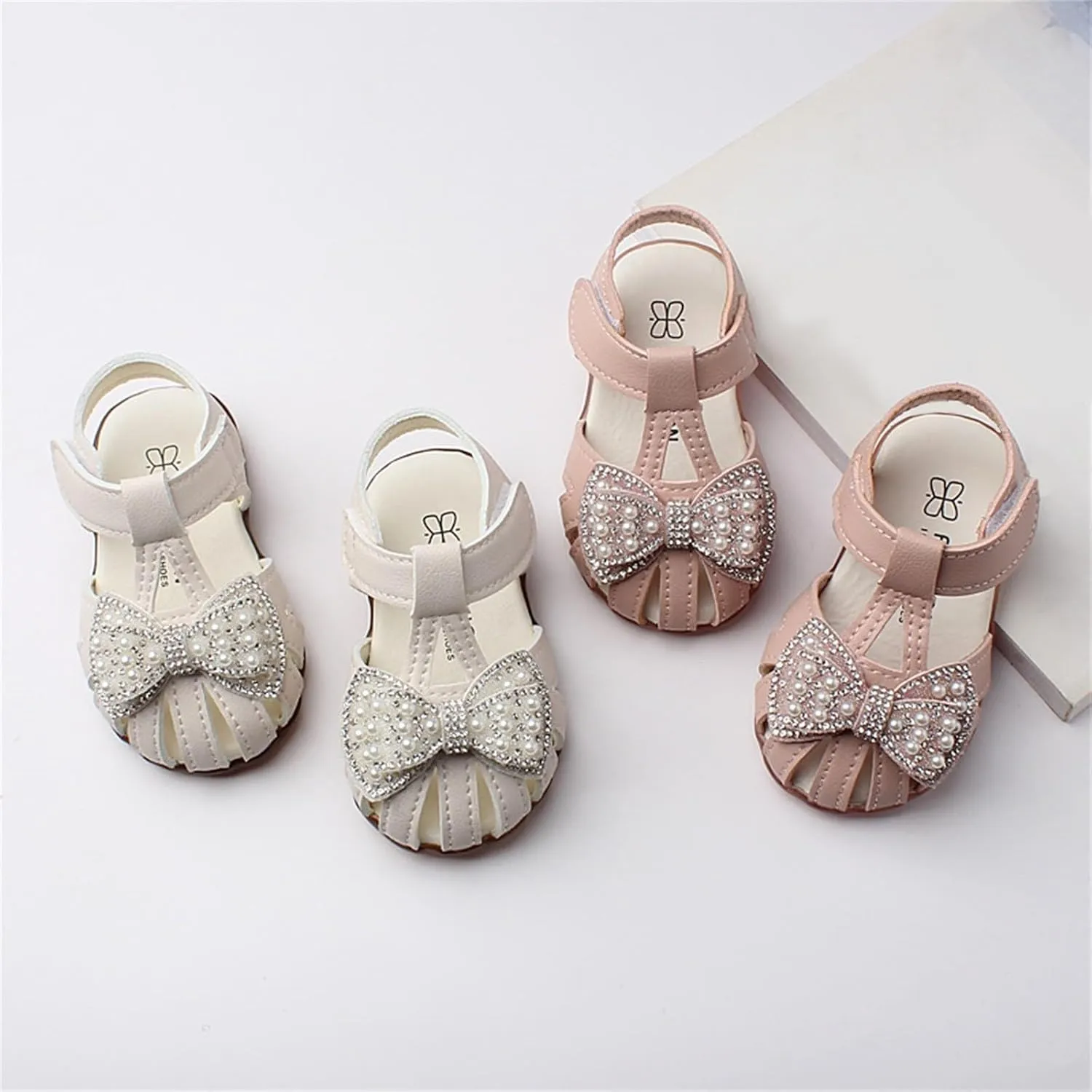 Baby Girls Dress Shoes Lightweight Breathable Non Slip Sandals with Pearls Rhinestone for Flower Girl Princess Party