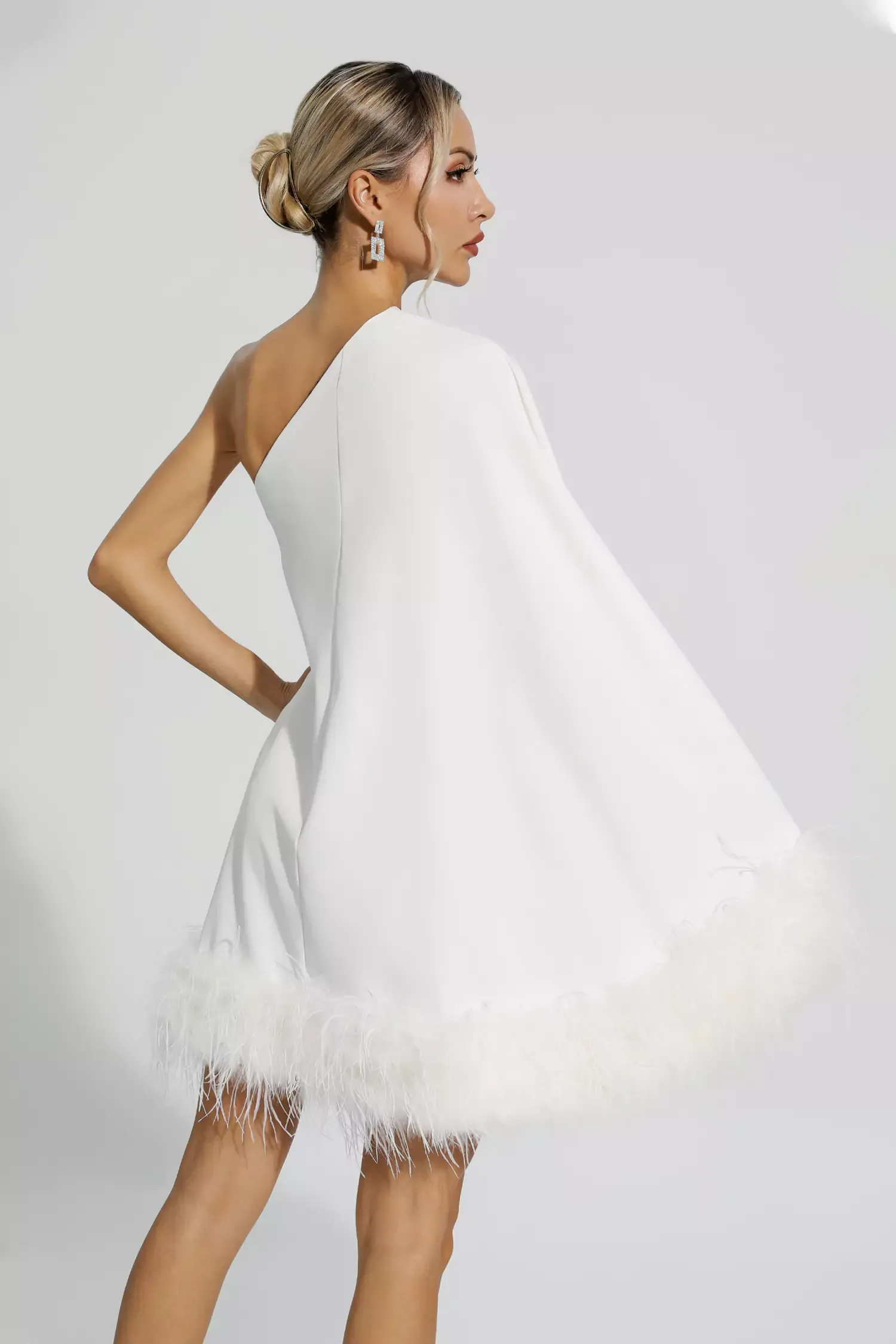 Betty One Shoulder Feather Mini Dress In White