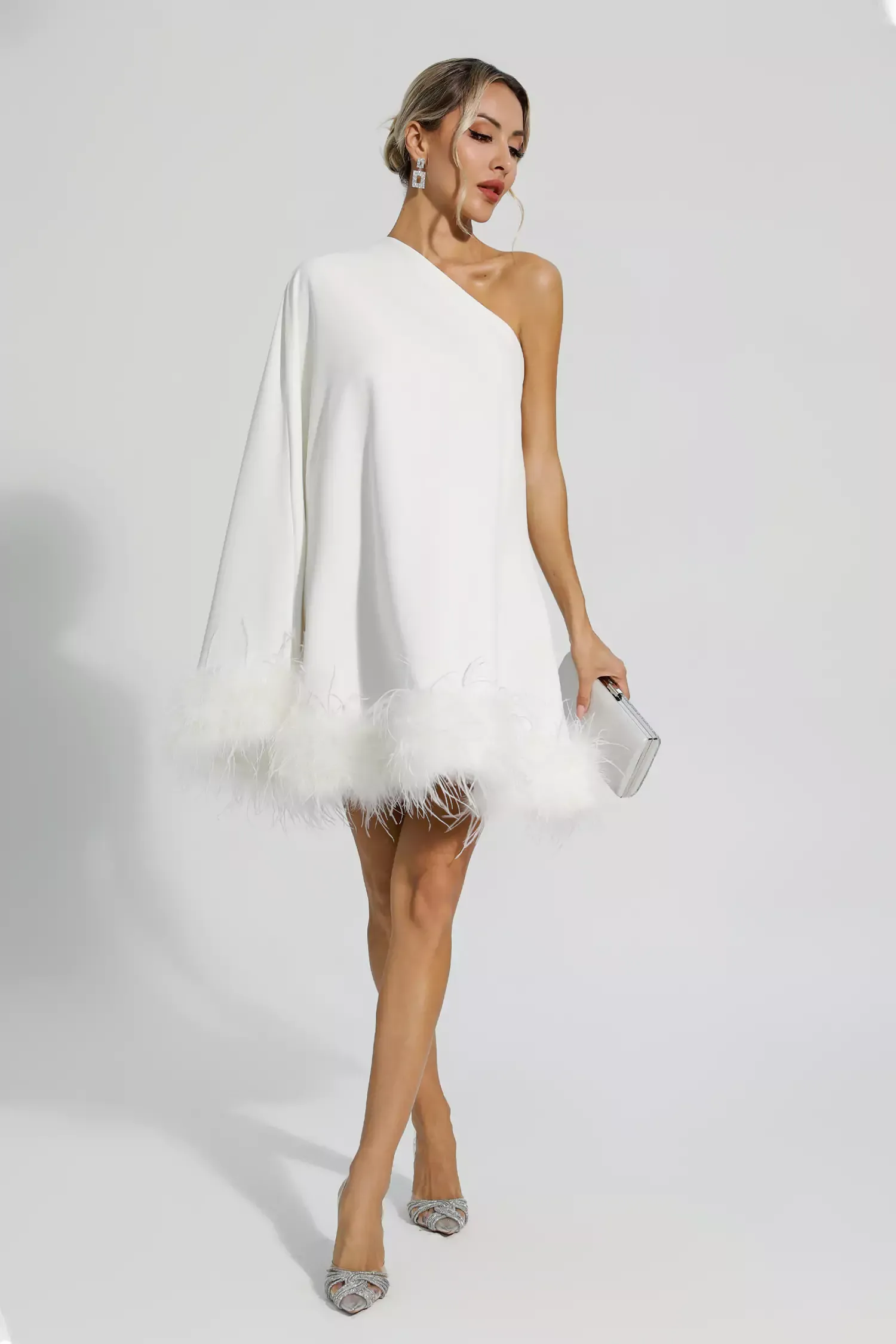 Betty One Shoulder Feather Mini Dress In White