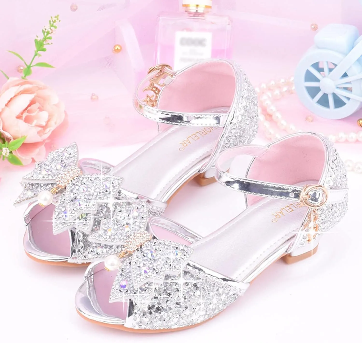 Big Kids High Heels for Girls Dress Pumps Glitter Sequins Princess Low Heels Shoes Youth Party Rhinestone Sandals