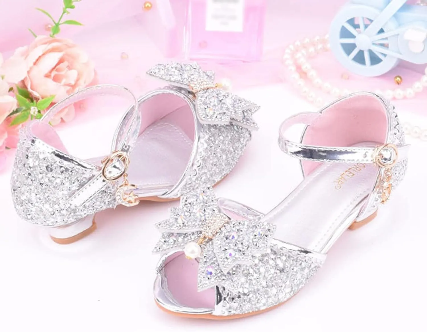 Big Kids High Heels for Girls Dress Pumps Glitter Sequins Princess Low Heels Shoes Youth Party Rhinestone Sandals