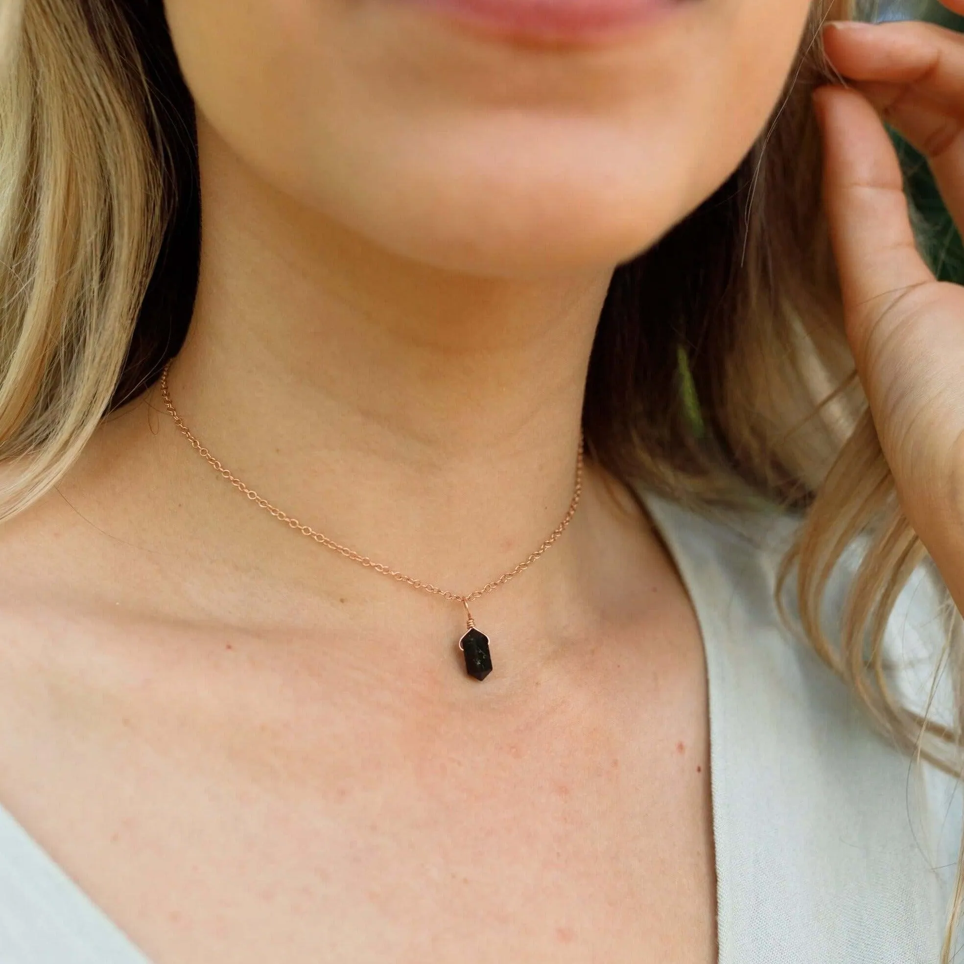 Black Tourmaline Mini Double Terminated Crystal Point Pendant Choker Necklace