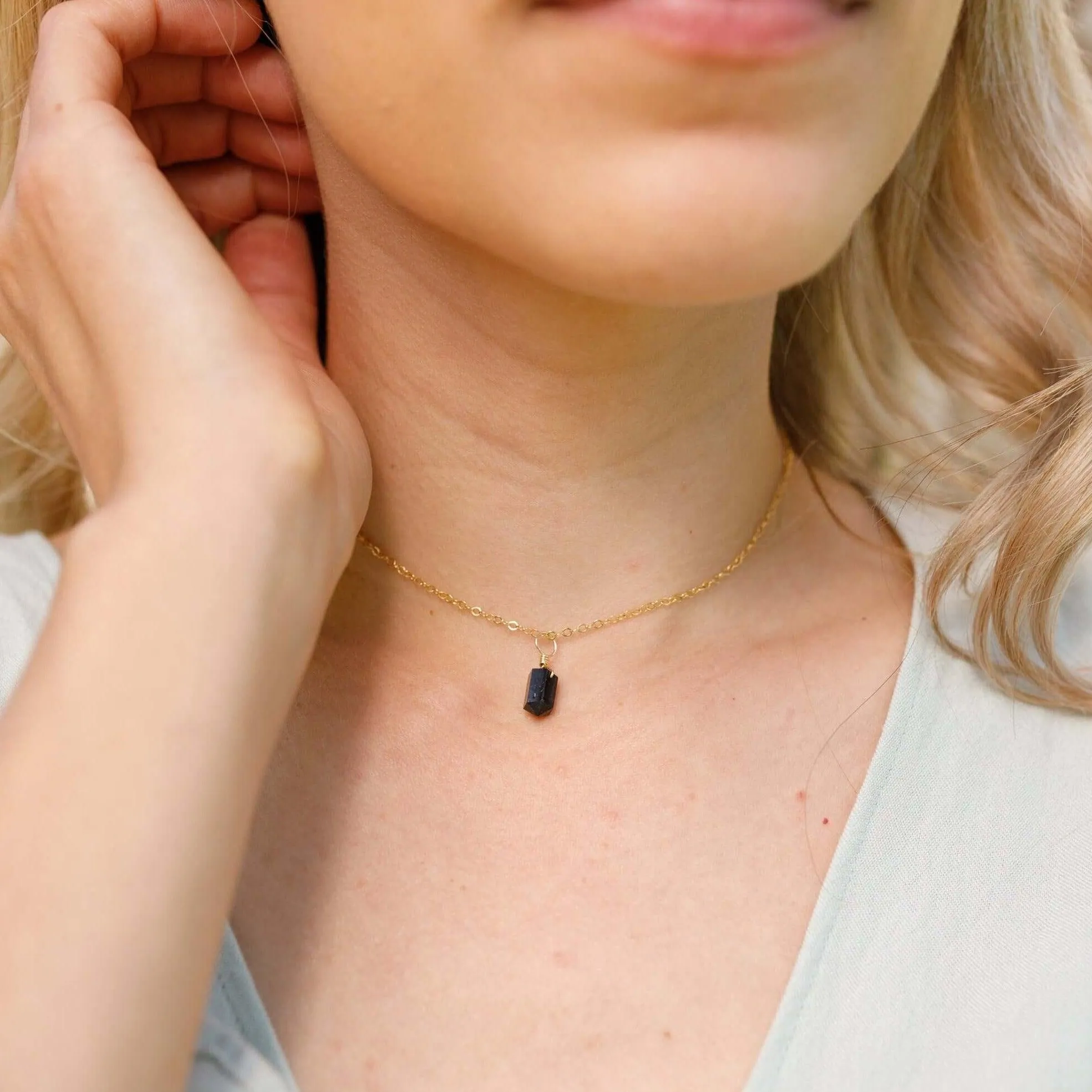 Black Tourmaline Mini Double Terminated Crystal Point Pendant Choker Necklace