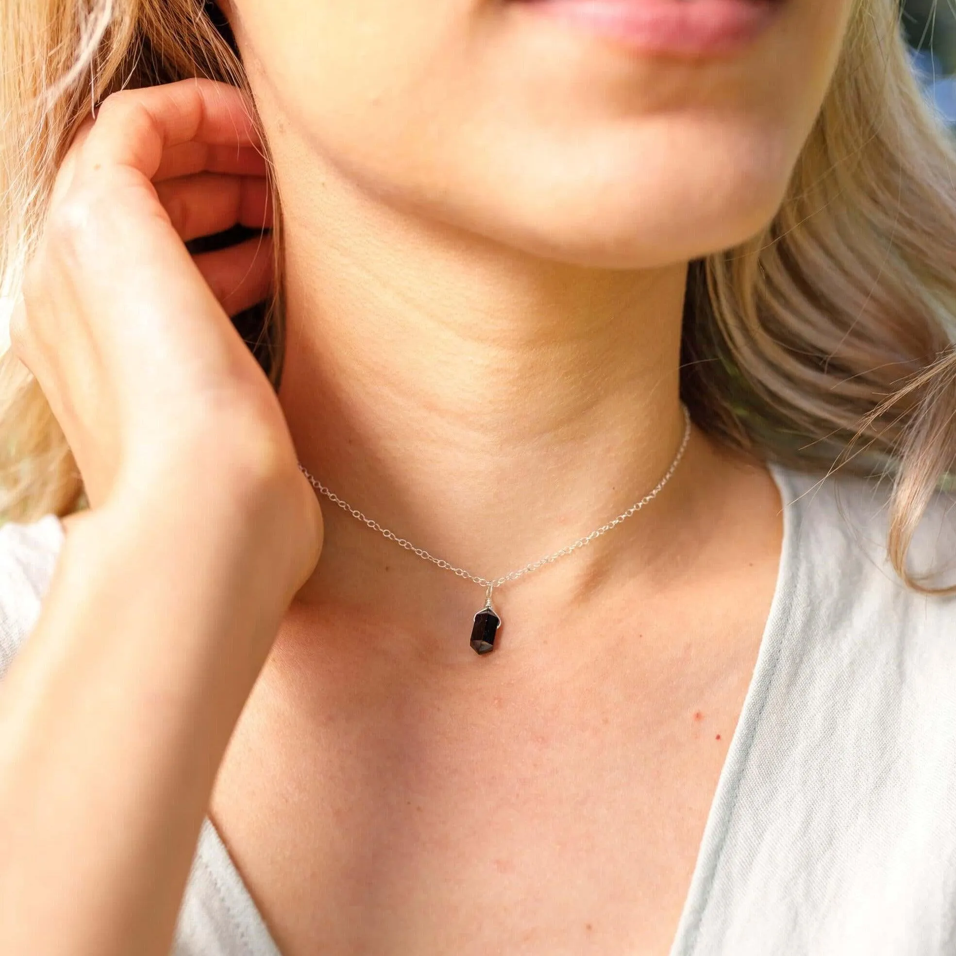 Black Tourmaline Mini Double Terminated Crystal Point Pendant Choker Necklace