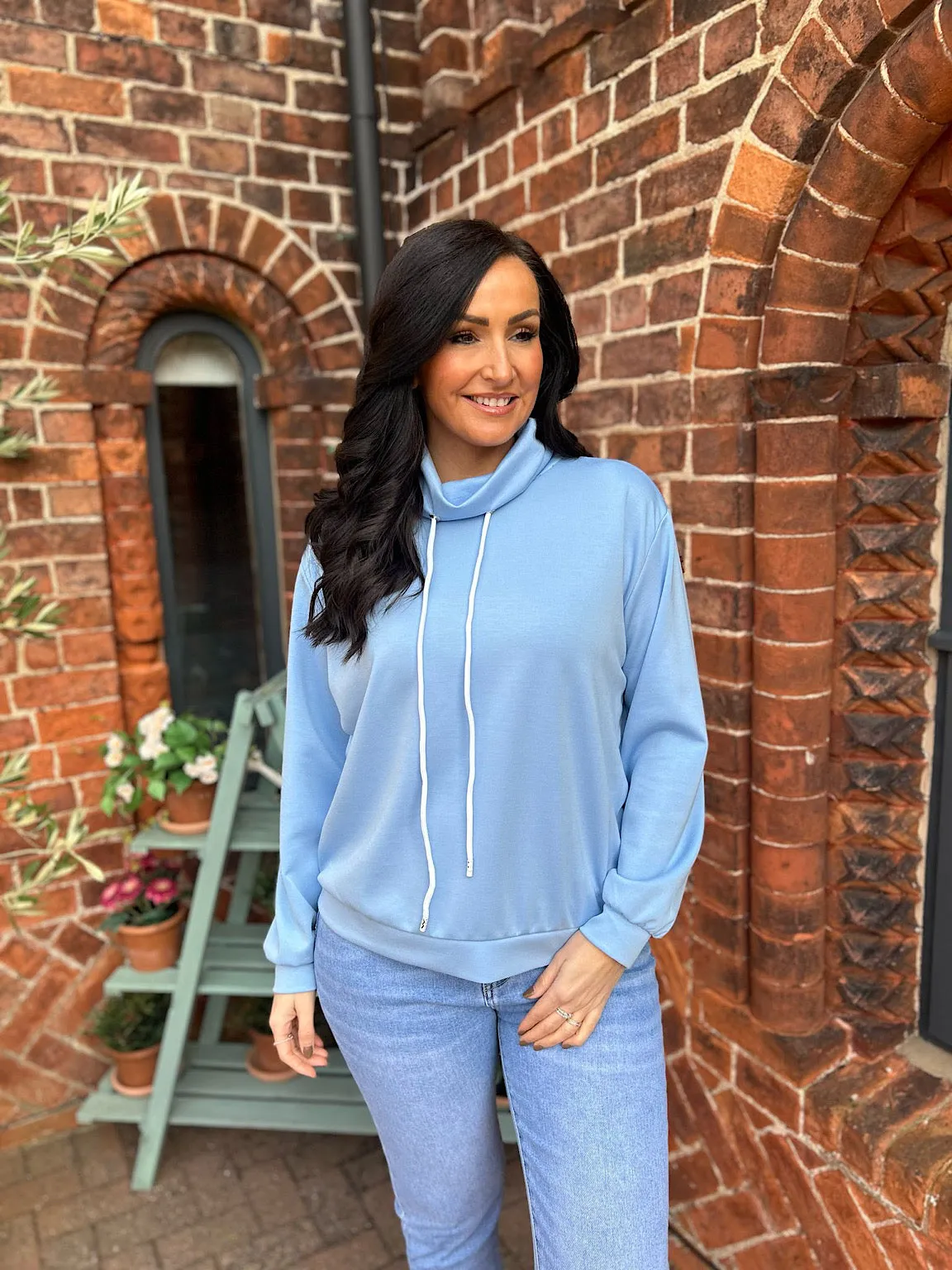 Blue Drawstring High Neck Sweatshirt Esme