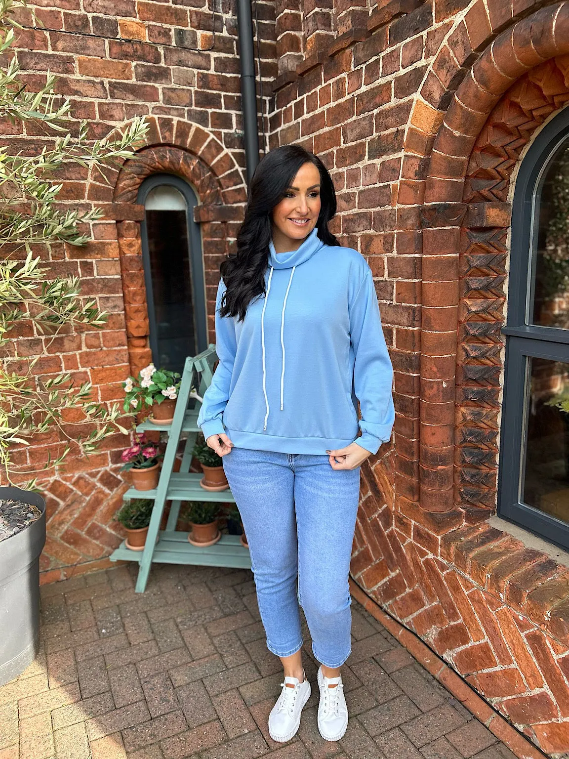 Blue Drawstring High Neck Sweatshirt Esme
