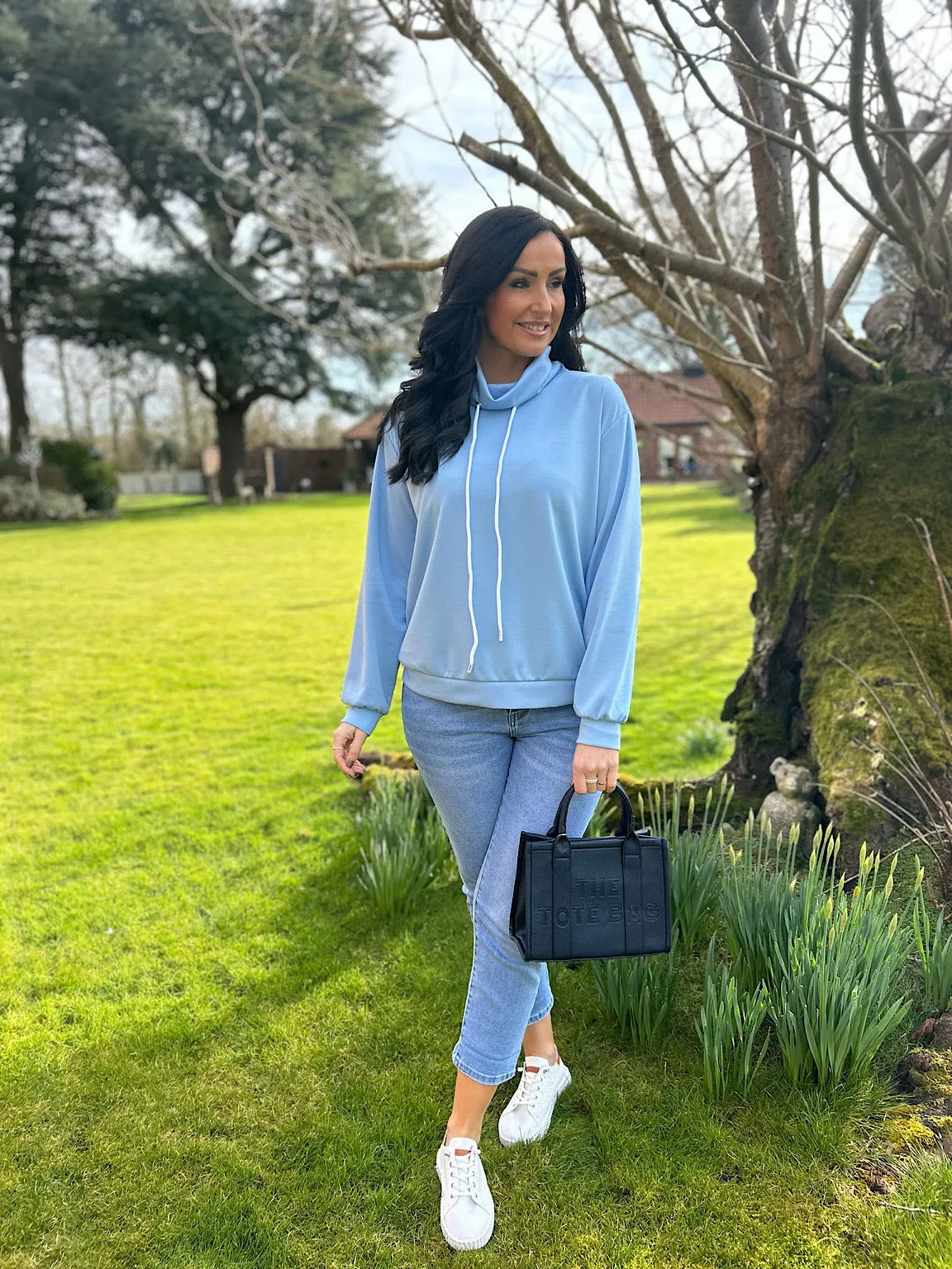 Blue Drawstring High Neck Sweatshirt Esme