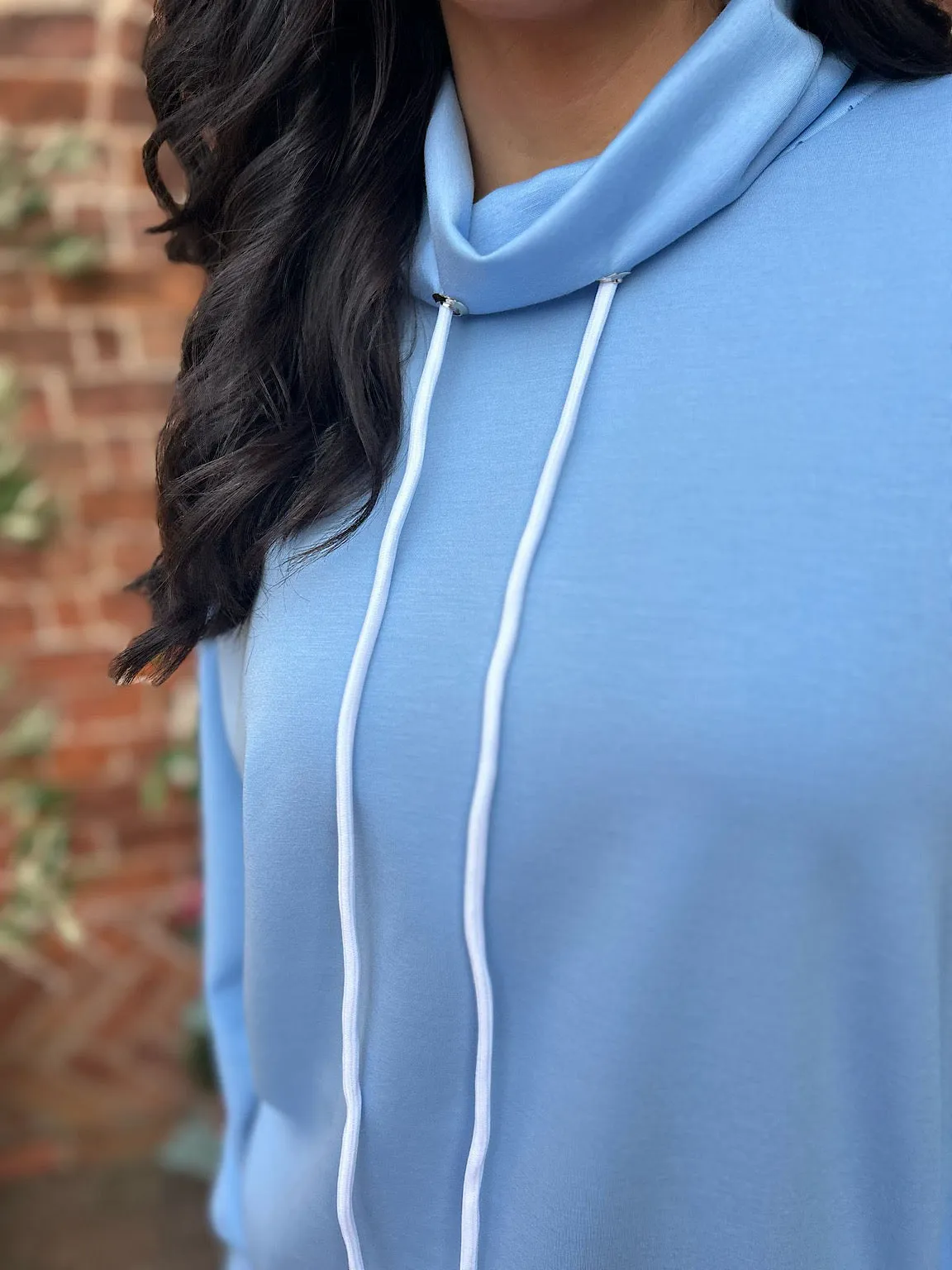Blue Drawstring High Neck Sweatshirt Esme