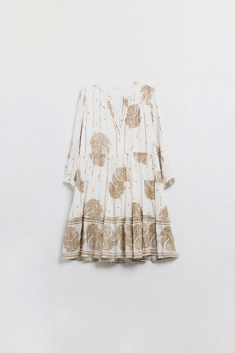 Boho Long Sleeve Dress With Leaf Print And Lurex Details In White