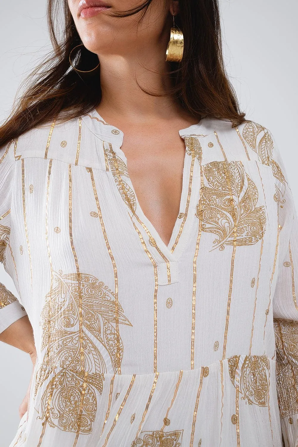 Boho Long Sleeve Dress With Leaf Print And Lurex Details In White
