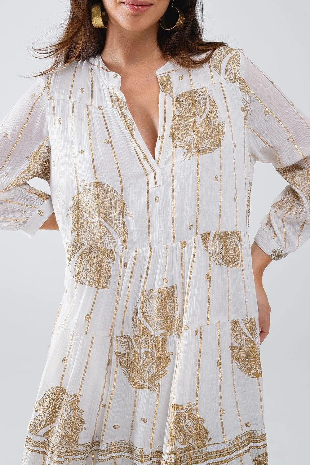 Boho Long Sleeve Dress With Leaf Print And Lurex Details In White