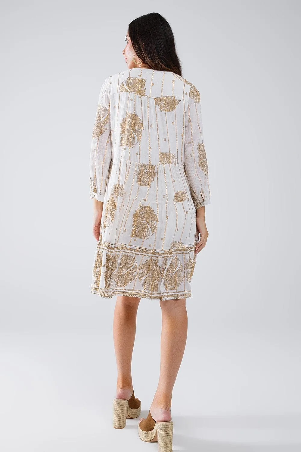 Boho Long Sleeve Dress With Leaf Print And Lurex Details In White