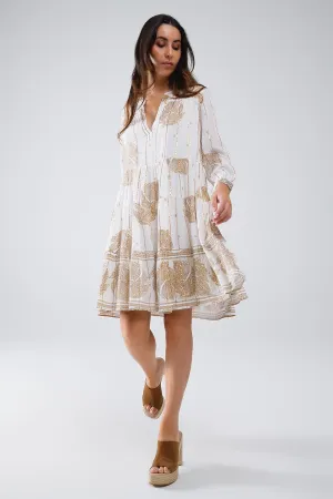 Boho Long Sleeve Dress With Leaf Print And Lurex Details In White