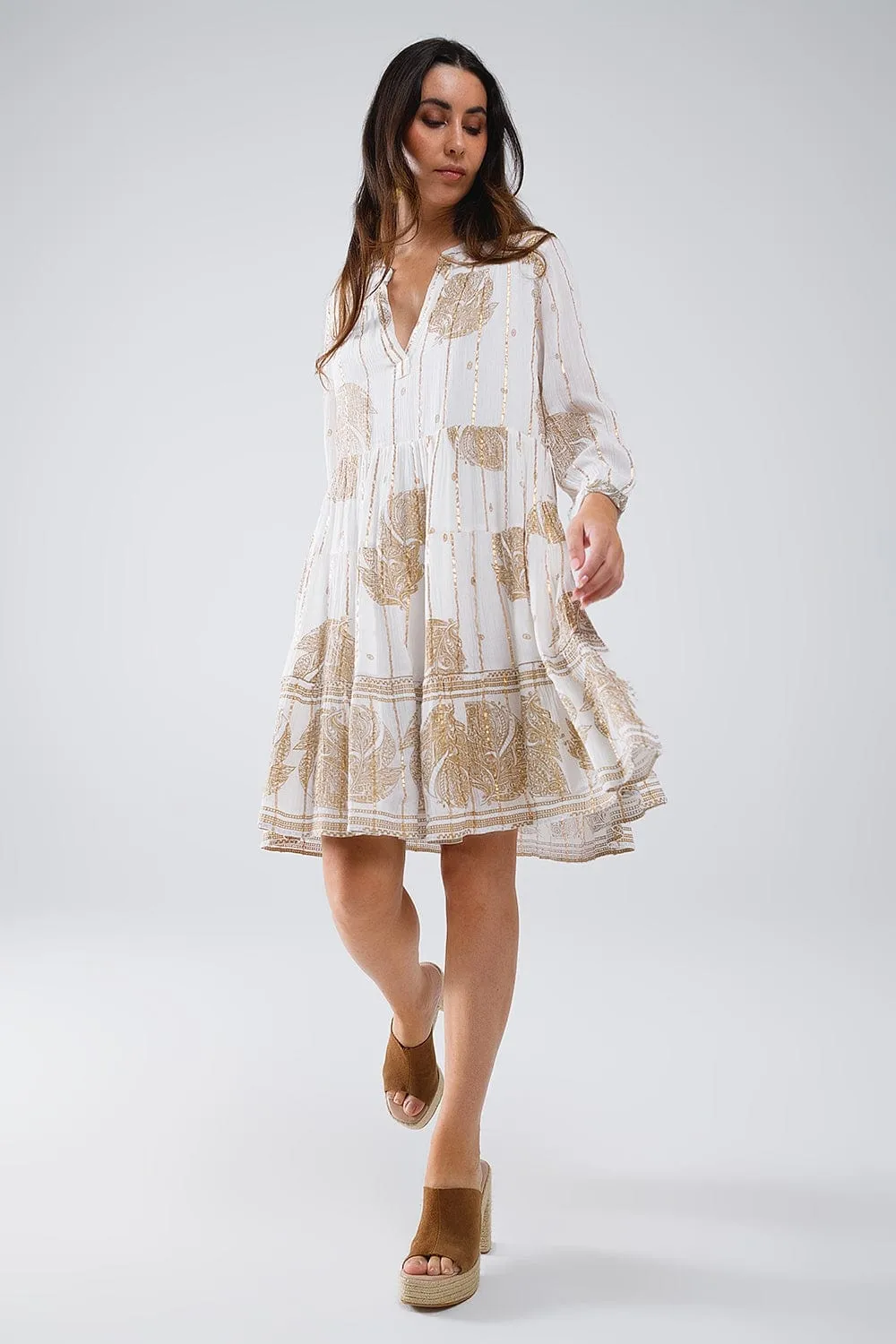 Boho Long Sleeve Dress With Leaf Print And Lurex Details In White