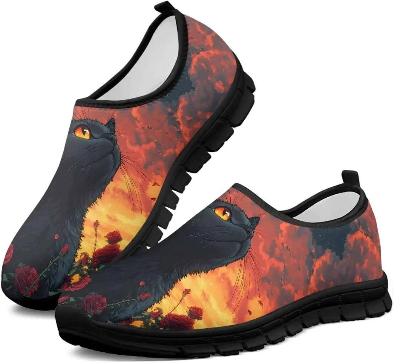 Cat Print Women's Slip Ons Loafers Soft Casual Mesh Sneakers Comfortable Non Slip Athletic Walking Shoes Black Sole Size 5.5-11.5
