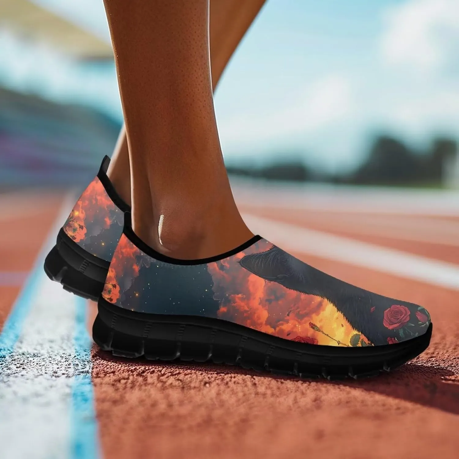Cat Print Women's Slip Ons Loafers Soft Casual Mesh Sneakers Comfortable Non Slip Athletic Walking Shoes Black Sole Size 5.5-11.5