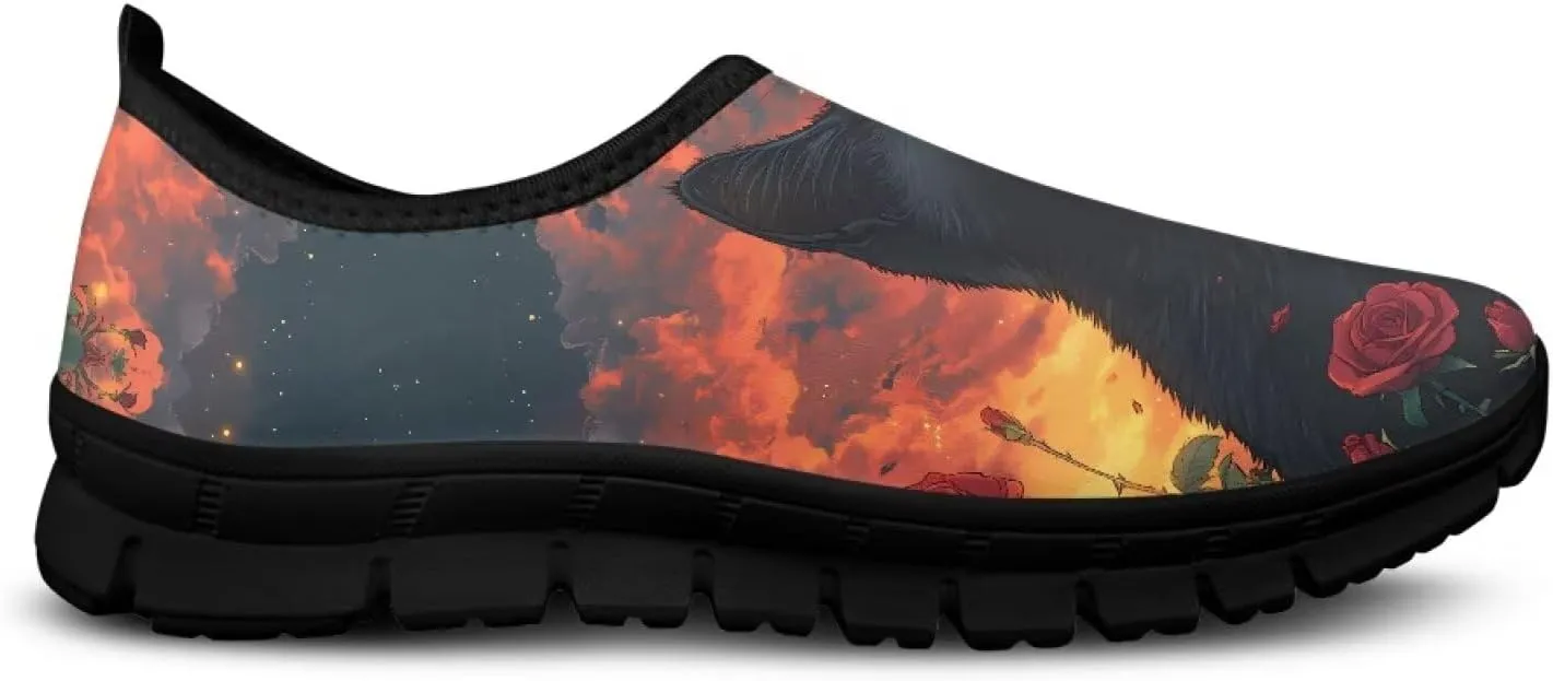 Cat Print Women's Slip Ons Loafers Soft Casual Mesh Sneakers Comfortable Non Slip Athletic Walking Shoes Black Sole Size 5.5-11.5