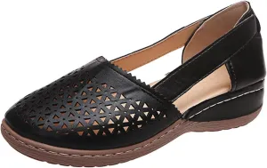Closed Toe Sandals for Women Ballet Flats Slip On Hollow Out Wedge Sandals Low Heel Pu Leather Round Toe Dress Shoes Dressy