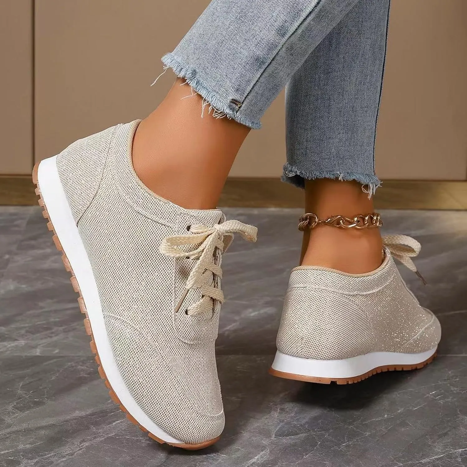 Comfortable Walking Shoes Women Solid Color Lace Up Round Toe Flat Athletic Sneakers Casual Lightweigh Running Shoes