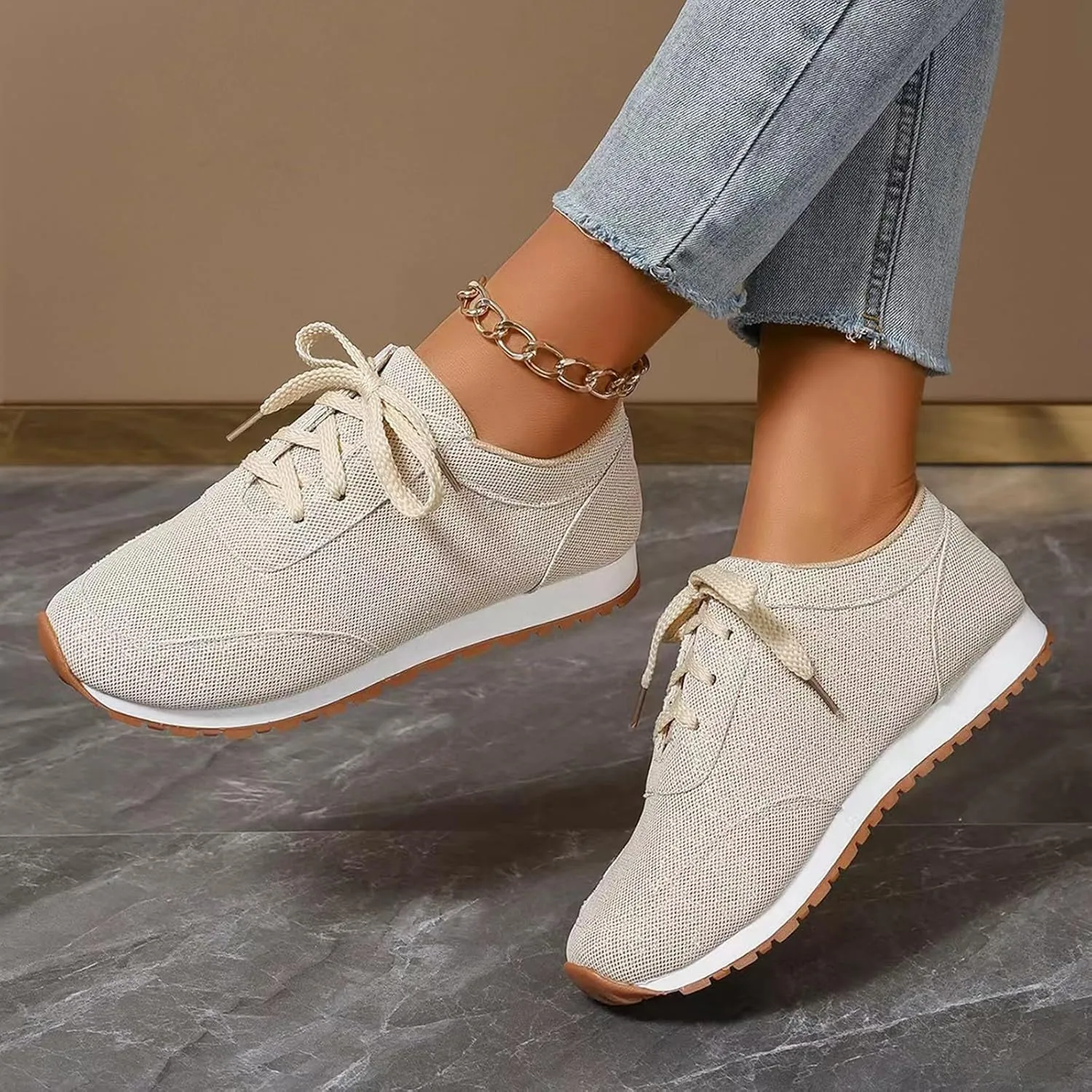 Comfortable Walking Shoes Women Solid Color Lace Up Round Toe Flat Athletic Sneakers Casual Lightweigh Running Shoes