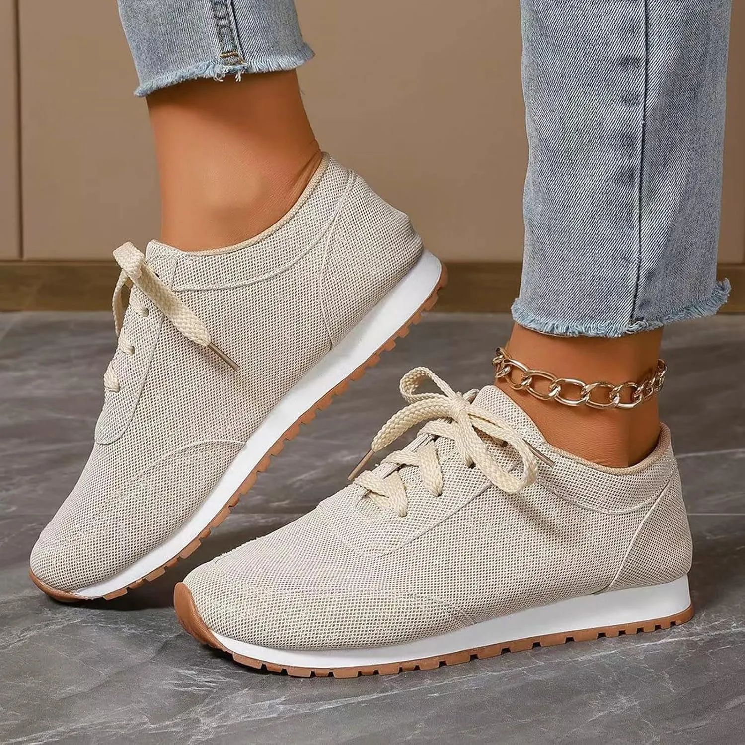 Comfortable Walking Shoes Women Solid Color Lace Up Round Toe Flat Athletic Sneakers Casual Lightweigh Running Shoes