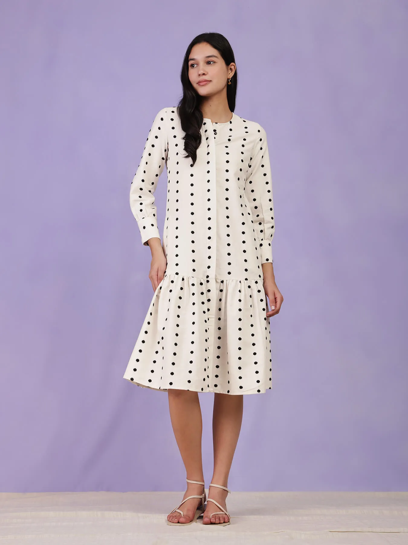 Cotton Polka Print Dress - White