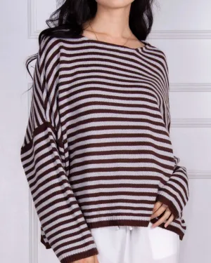 Dropped-Shoulder Striped Knit Sweater in Powder Blue/Brown | Powder Blue/Brown