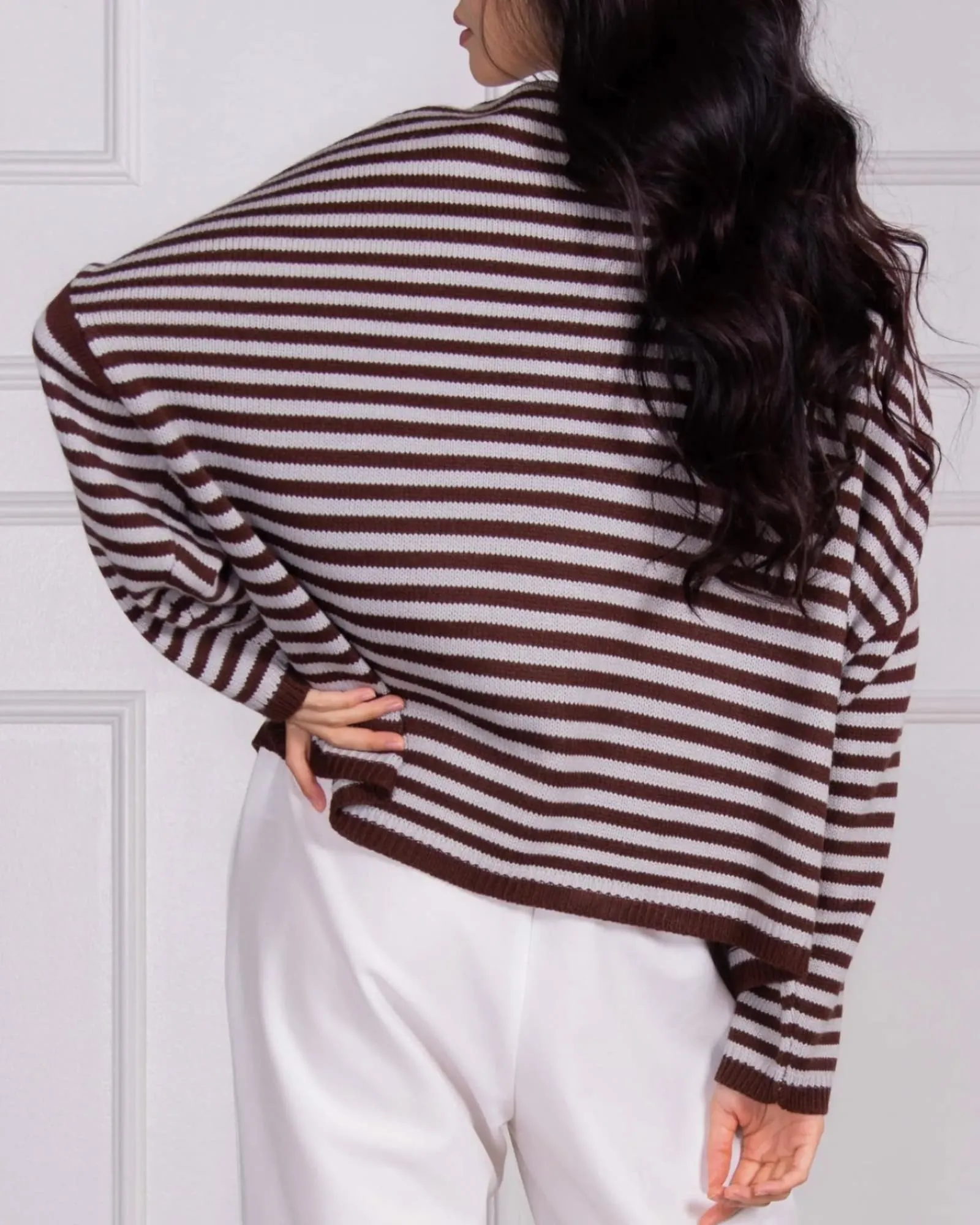 Dropped-Shoulder Striped Knit Sweater in Powder Blue/Brown | Powder Blue/Brown