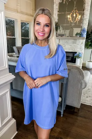 Edgy Periwinkle T-Shirt Dress with Zipper Pocket Sleeve