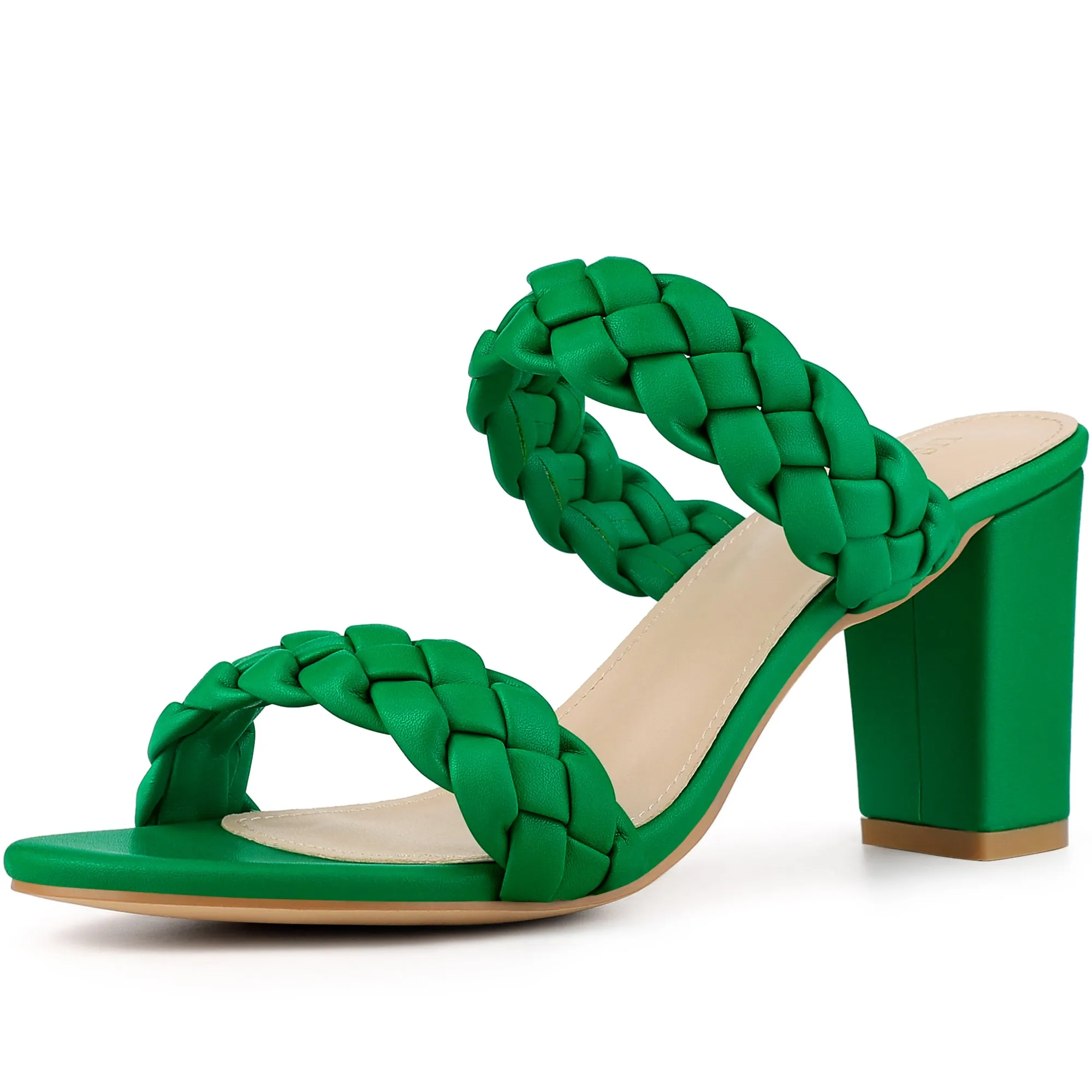Elegant Open Toe Slip On Braided Chunky Heel Slide Sandals