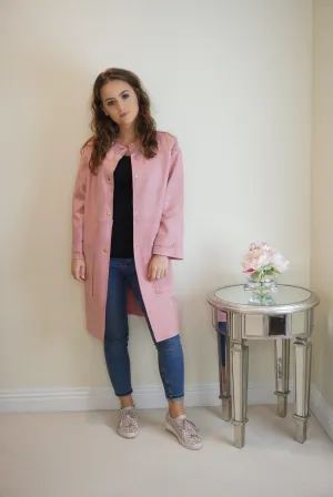 Faux Suede Coat with Round Neck in Pink