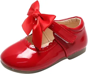 Flower Girl Dress Shoes Soft Princess Mary Jane Ballet Flats with Bow Hook Loop for Toddler Wedding Party Dance Shoes