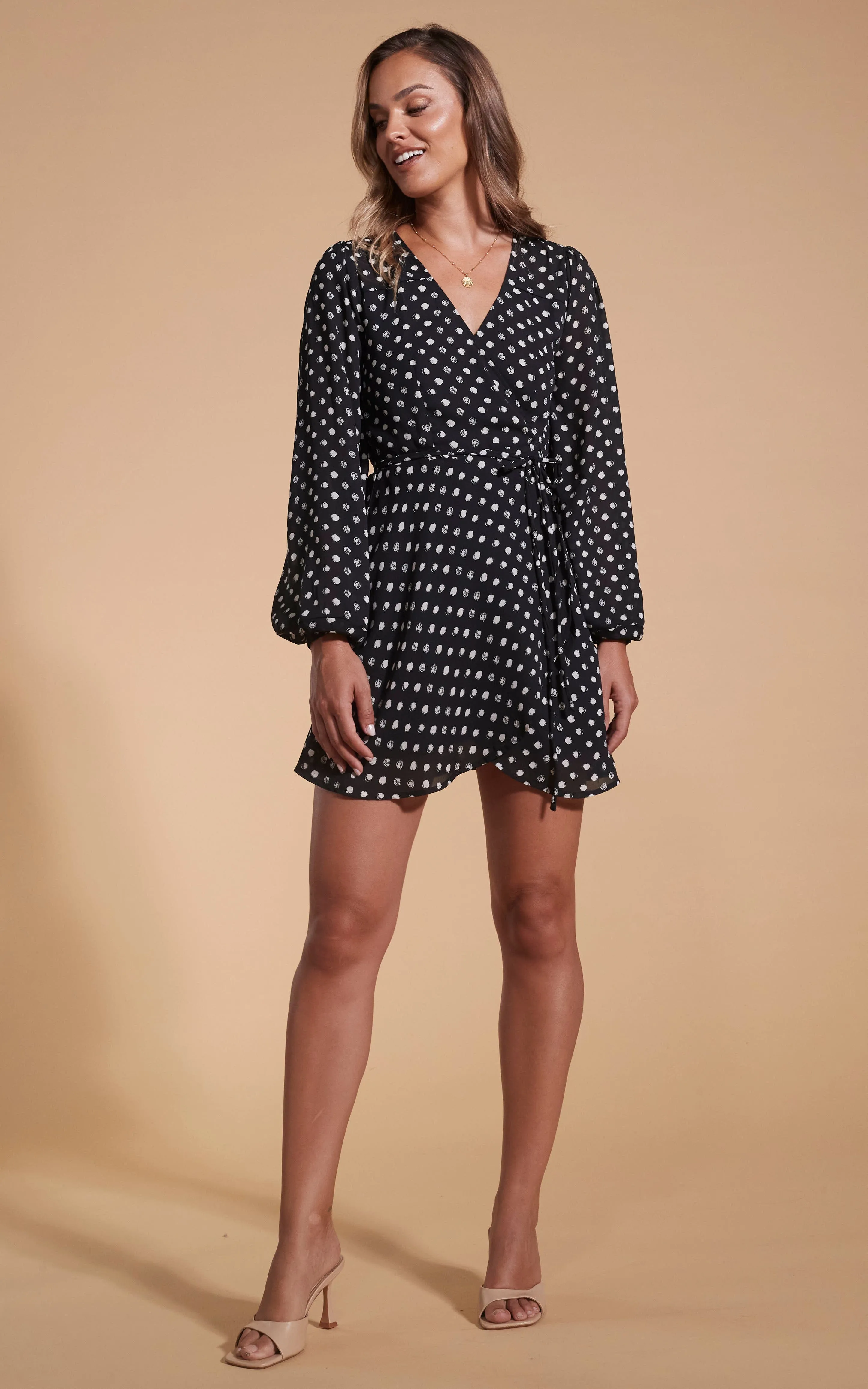 Ginger Mini Wrap Dress In Black Polka Dot