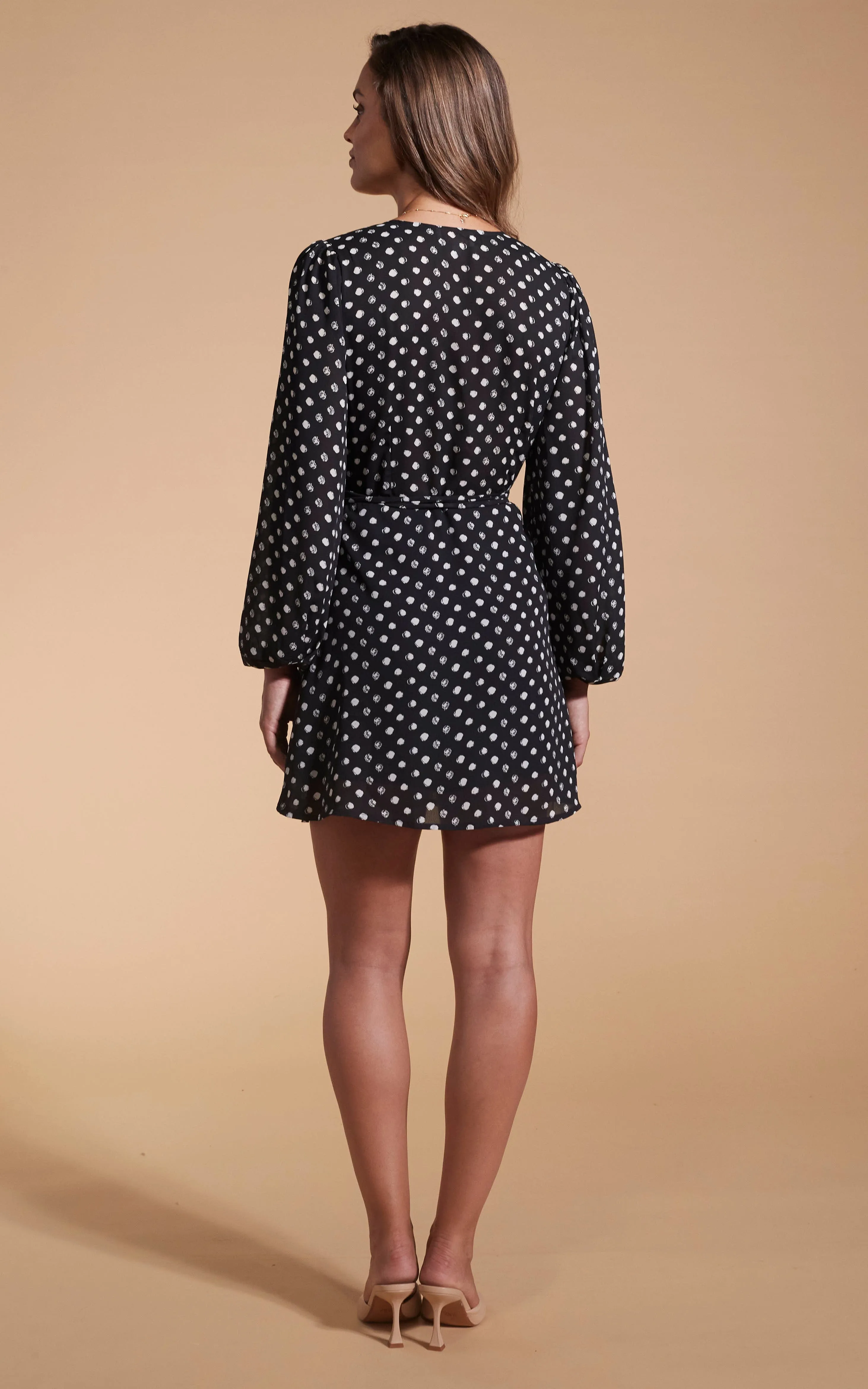 Ginger Mini Wrap Dress In Black Polka Dot