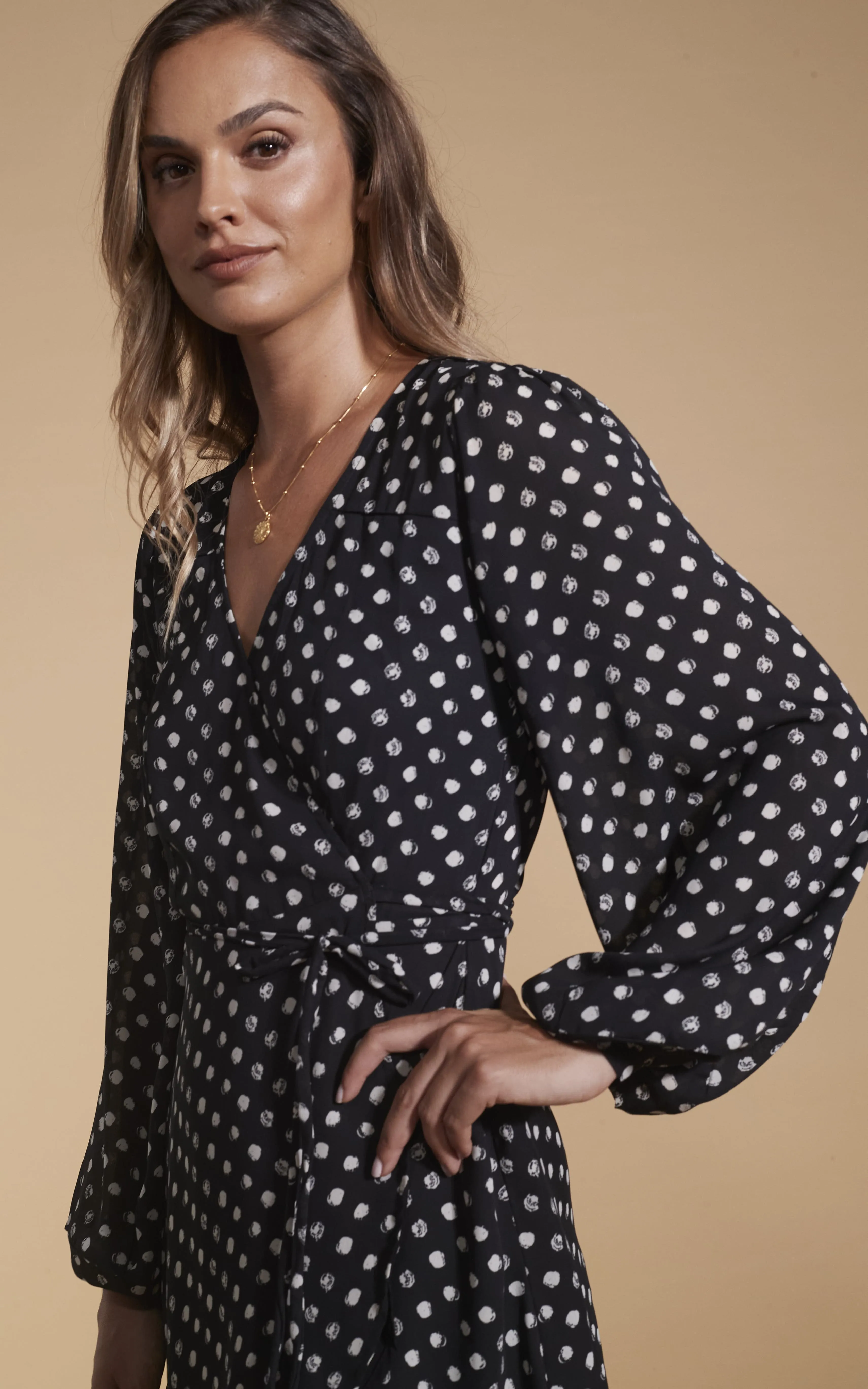 Ginger Mini Wrap Dress In Black Polka Dot