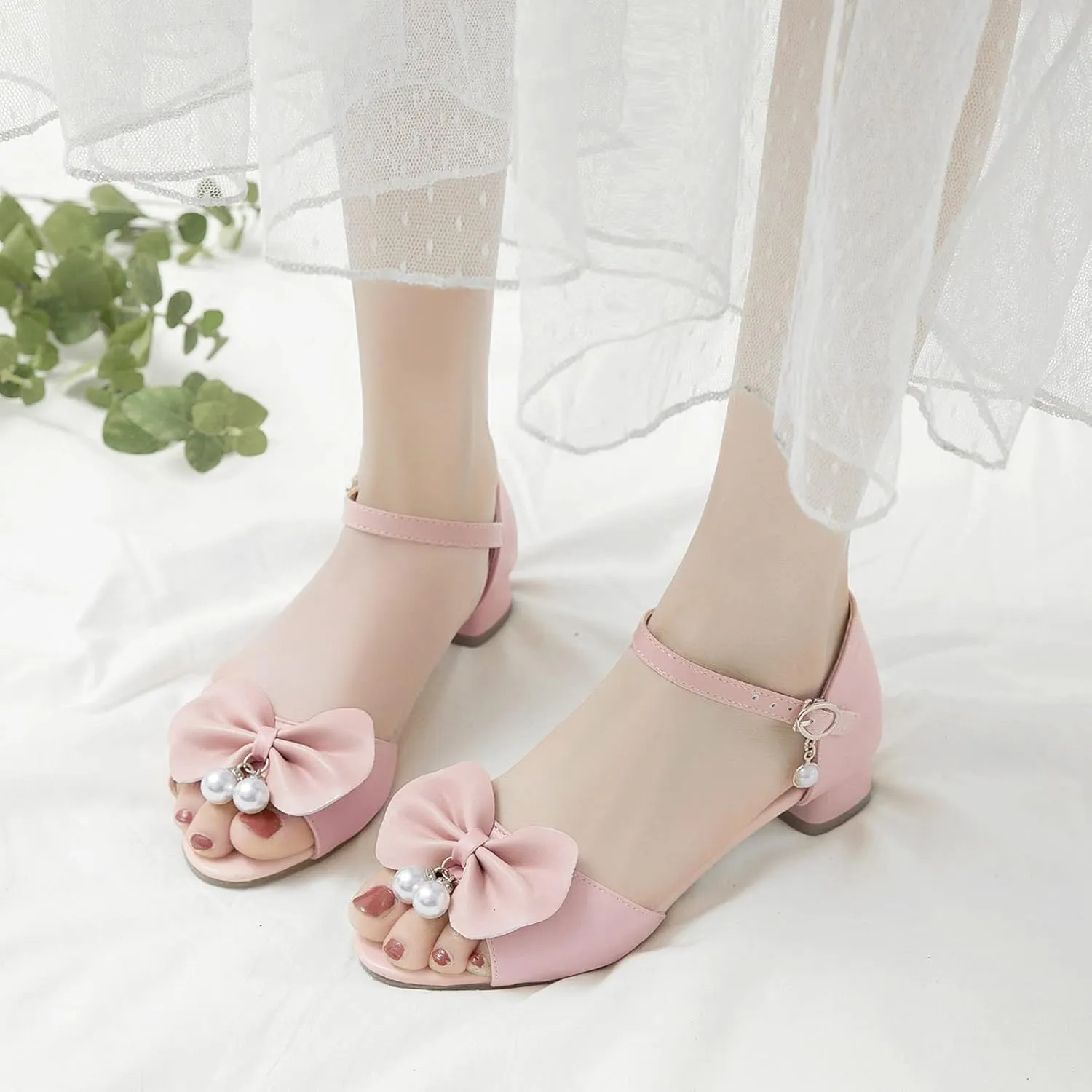 Girls Bow Heels Dress Sandals Flower Girl Open Toe Mary Jane Buckle Strap Wedding Party Shoes Nonslip Slipper