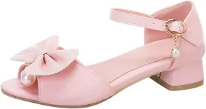 Girls Bow Heels Dress Sandals Flower Girl Open Toe Mary Jane Buckle Strap Wedding Party Shoes Nonslip Slipper