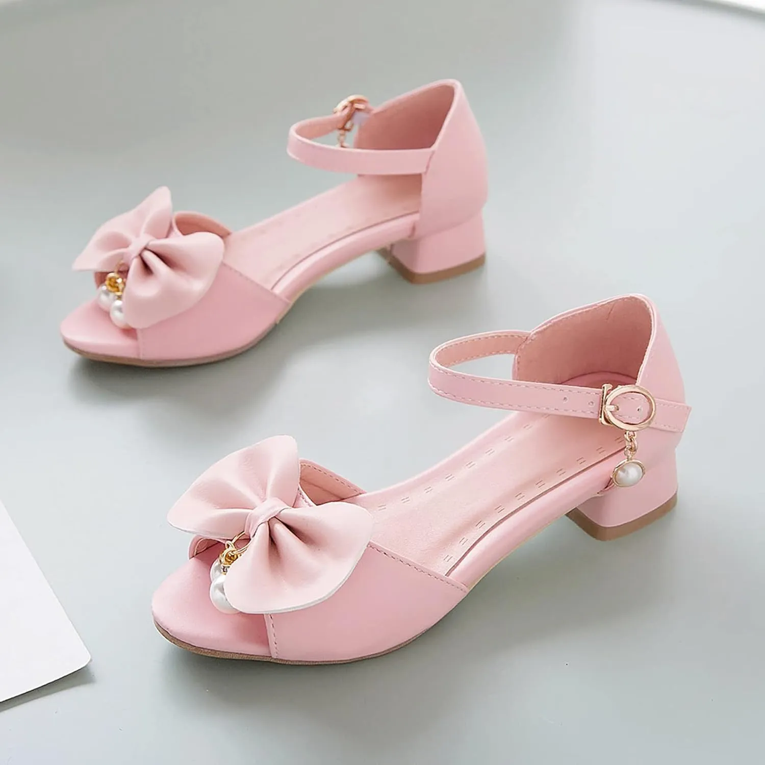 Girls Bow Heels Dress Sandals Flower Girl Open Toe Mary Jane Buckle Strap Wedding Party Shoes Nonslip Slipper