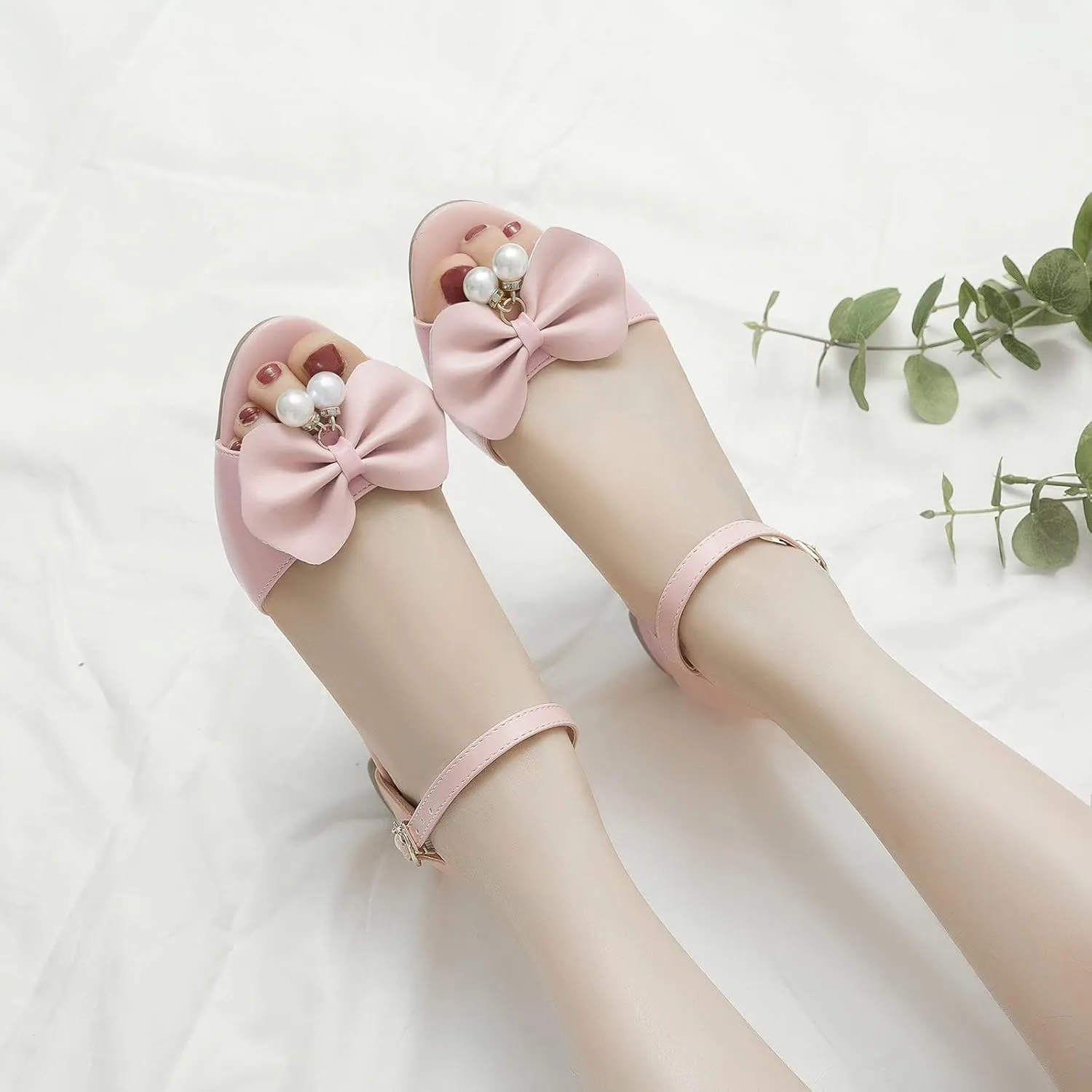 Girls Bow Heels Dress Sandals Flower Girl Open Toe Mary Jane Buckle Strap Wedding Party Shoes Nonslip Slipper