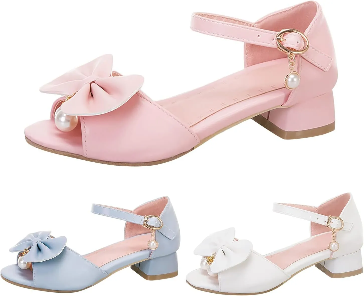 Girls Bow Heels Dress Sandals Flower Girl Open Toe Mary Jane Buckle Strap Wedding Party Shoes Nonslip Slipper