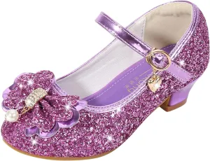 Girls Dress Shoes Flower Wedding Party Low Heels with Cute Bowknot Sparkle for Footwear for Toddler Little/Big Kid