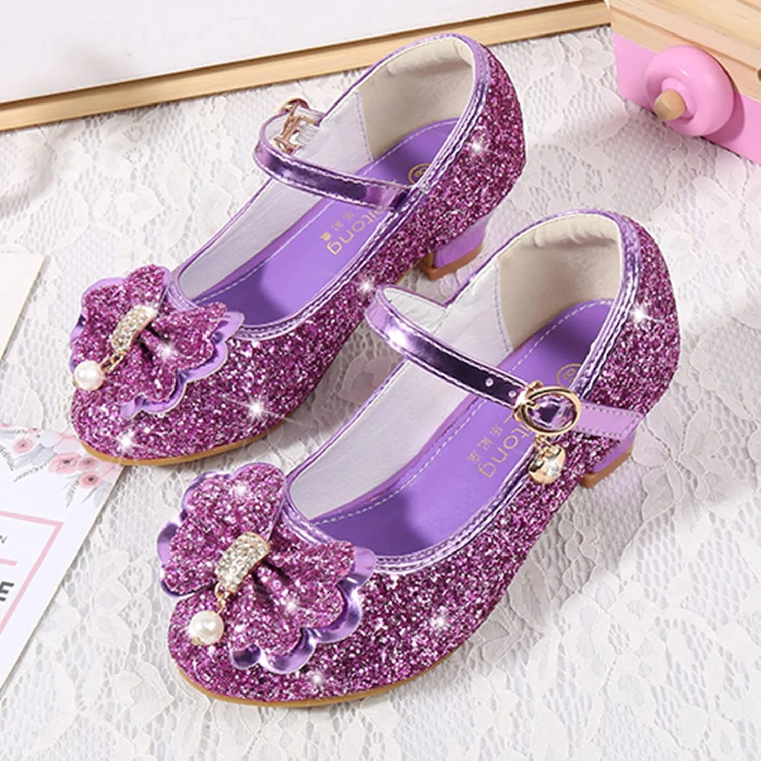Girls Dress Shoes Flower Wedding Party Low Heels with Cute Bowknot Sparkle for Footwear for Toddler Little/Big Kid