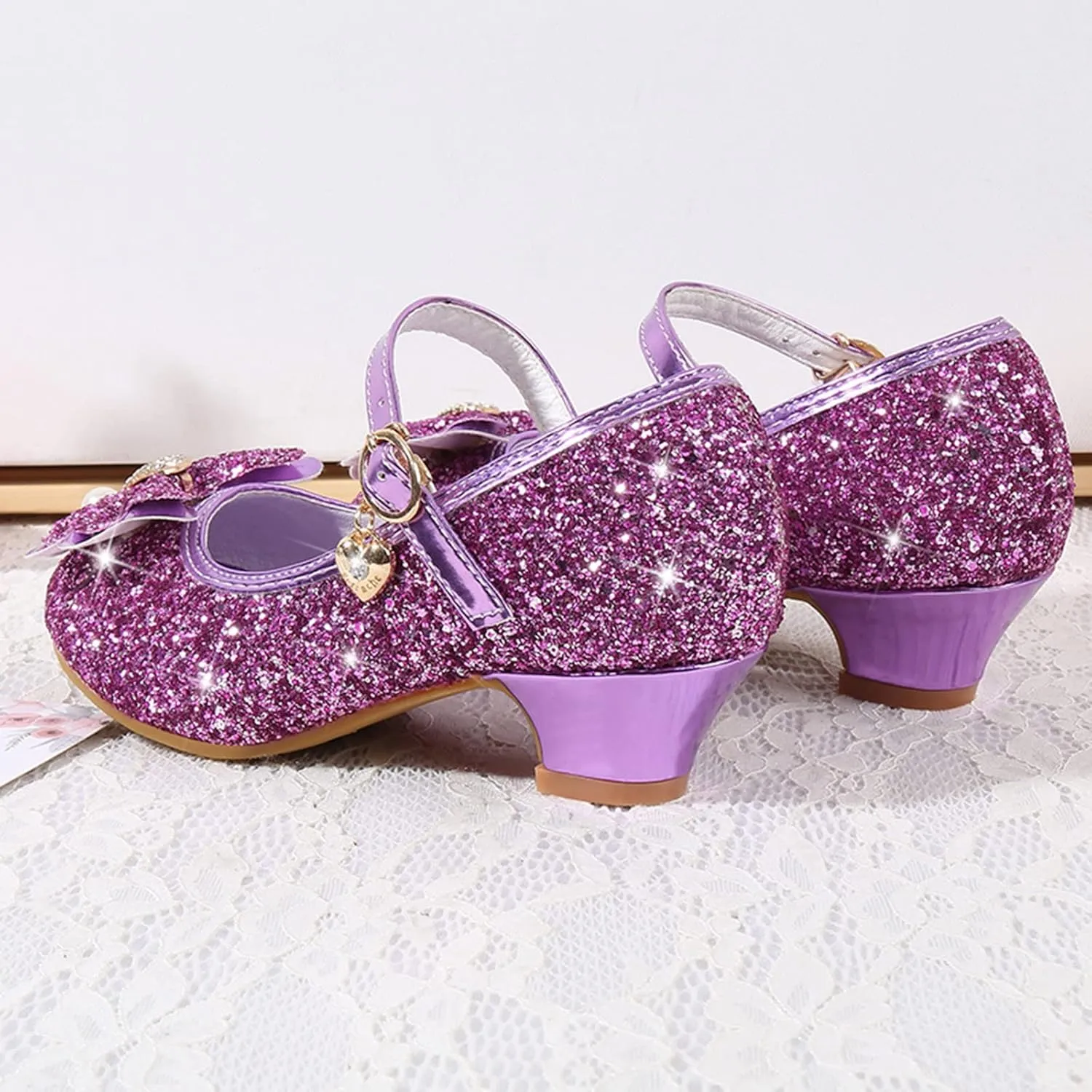 Girls Dress Shoes Flower Wedding Party Low Heels with Cute Bowknot Sparkle for Footwear for Toddler Little/Big Kid
