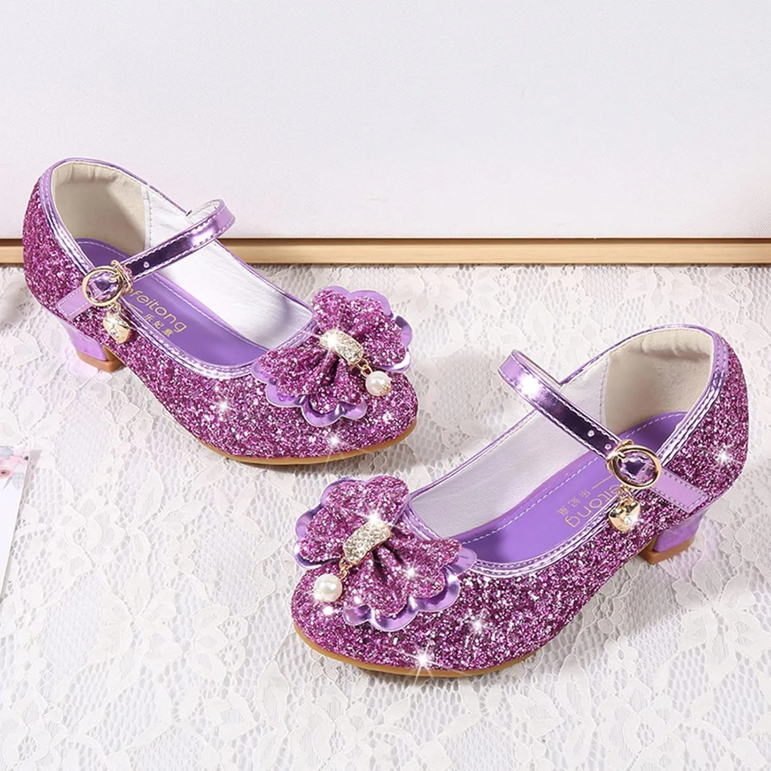 Girls Dress Shoes Flower Wedding Party Low Heels with Cute Bowknot Sparkle for Footwear for Toddler Little/Big Kid