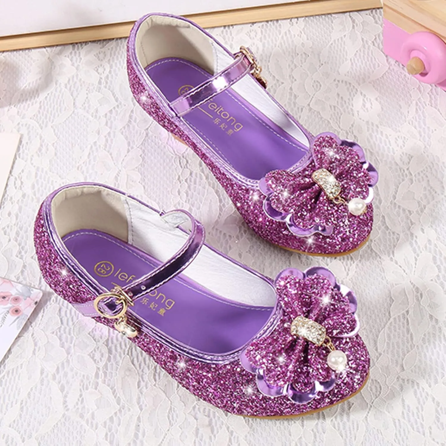 Girls Dress Shoes Flower Wedding Party Low Heels with Cute Bowknot Sparkle for Footwear for Toddler Little/Big Kid