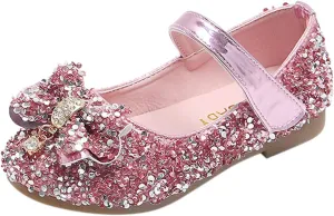 Girls Dress Shoes Glitter Mary Jane Pumps with Bow, Low Heel Party Wedding Princess Shoes for Toddler Big Kid